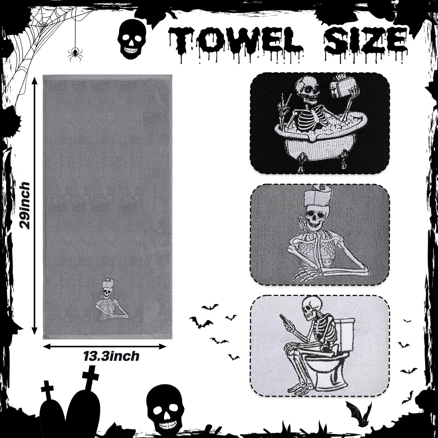 Breling 3 Pcs Halloween Skeleton Kitchen Hand Towels 13.3 x 29 Inch Towels for Bathroom Cotton Soft Embroidered Home Decoration 100% Cotton for Goth Kitchen Halloween Birthday Gifts