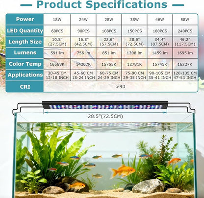 hygger 38W Aquarium Light, 24/7 & DIY Mode Fish Tank Light with Timer, IP68 Waterproof Full Spectrum, 8 Colors, 10 Brightness Day & Night Cycle Memory Function for 29-35 Inch Tank