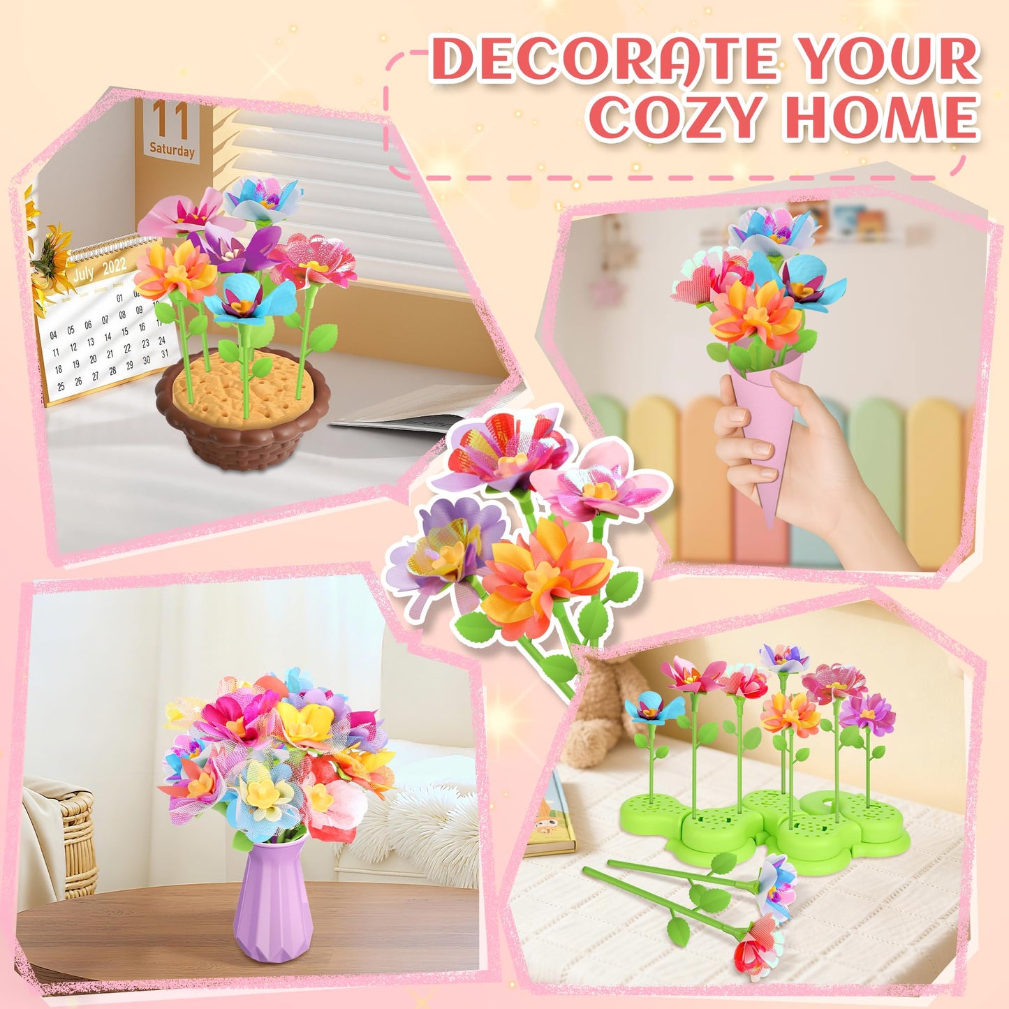 Kufanda DIY Fabric Flower Bouquets Toys Accessories Can Make 36 Flowers, DIY Arts & Crafts Toy Parts Christmas Gifts for Kids