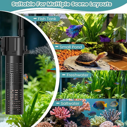 hygger Internal Aquarium Filter, 5-in-1 Submersible Fish Tank Filter, Adjustable Wave Maker & Air Bubbler, Quiet Turtle Tank Filter for 5-15 Gallon Freshwater Saltwater, 80GPH, 5W