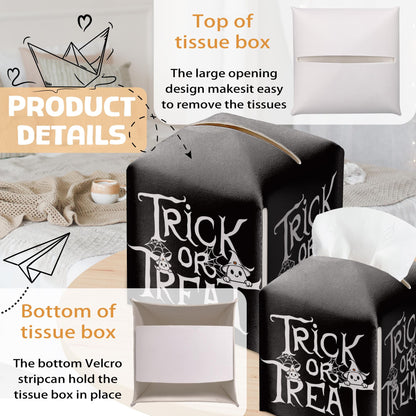 Halloween Trick Or Treat Tissue Box Holder, Black Leather Tissue Box Cover Square, Facial Paper Organizer Dispenser Toilet Paper Holder for Bathroom Kitchen Office Home Decor-A08