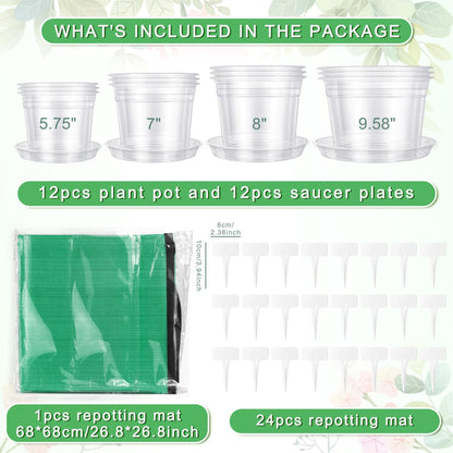 QTRQTR 12 Pack 5.75/7/8/10 Inch Large Clear Nursery Pots with Drainage Clear Plastic Pots for Plants Seedling Flower Vegetables Orchids Indoor Outdoor Gardening with Repotting Mat and Plant Labels