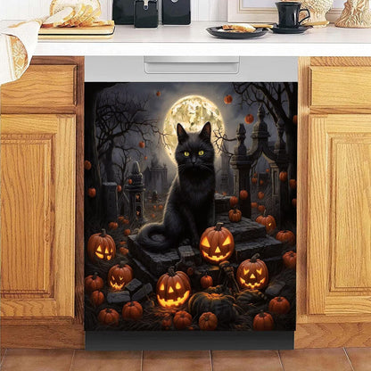 Happy Halloween Magnetic Cover - Cat Magnet Dishwasher Door Cover, Pumpkin Refrigerator Decal, 23Wx26H Inches