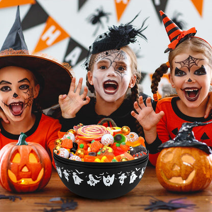 AUECOOME 3 Pieces Halloween Candy Bowl - Large Plastic Trick or Treat Bowls, Reusable Serving for Halloween Party Supplies (Black White Pink)