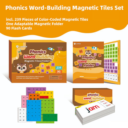 Phonics Word Building Magnetic Tiles Set Phonics Manipulatives Magnetic Letter Tiles Phonemic Awareness Science of Reading Educational Learning Kit with 239 Foam Tiles, 90 Flash Cards, Magnetic Folder
