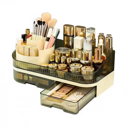 Tidyladyo Makeup Organizer Countertop with Dual Drawers, Large Capacity Cosmetic Storage for Vanity Bathroom Skincare, 360° Rotating Makeup Brush Holder