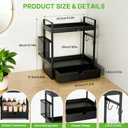 2-Tier Bathroom Counter Organizer with Drawer Basket and Hooks, Wood Bathroom Organizers and Storage for countertop, Farmhouse Black Countertop Organizer, Counter Shelf for Vanity, Kitchen, Office
