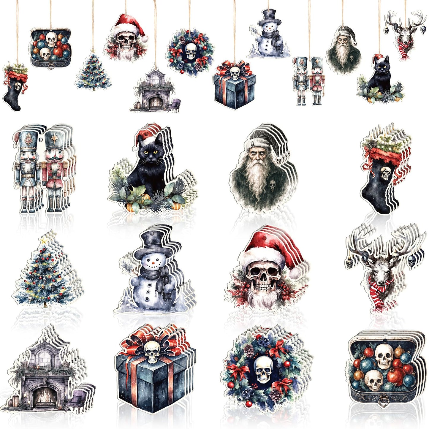 Thyle 24 Pcs Gothic Christmas Tree Ornaments Wooden Spooky Xmas Hanging Decorations Skeleton Santa Claus Snowman Elk Wood Cutouts Ornaments with Ropes for Christmas Tree Holiday Party Decor