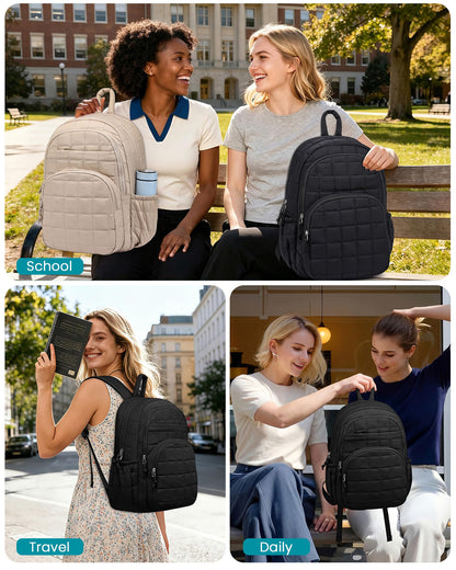 LIVUWERK Laptop Backpack for Women College Bookbag: 15.6 Inch School Backpacks for Teen Girls Quilted Back Pack for Students Womens Casual Work Computer Bag Water Resistant Travel Backpack (Black)