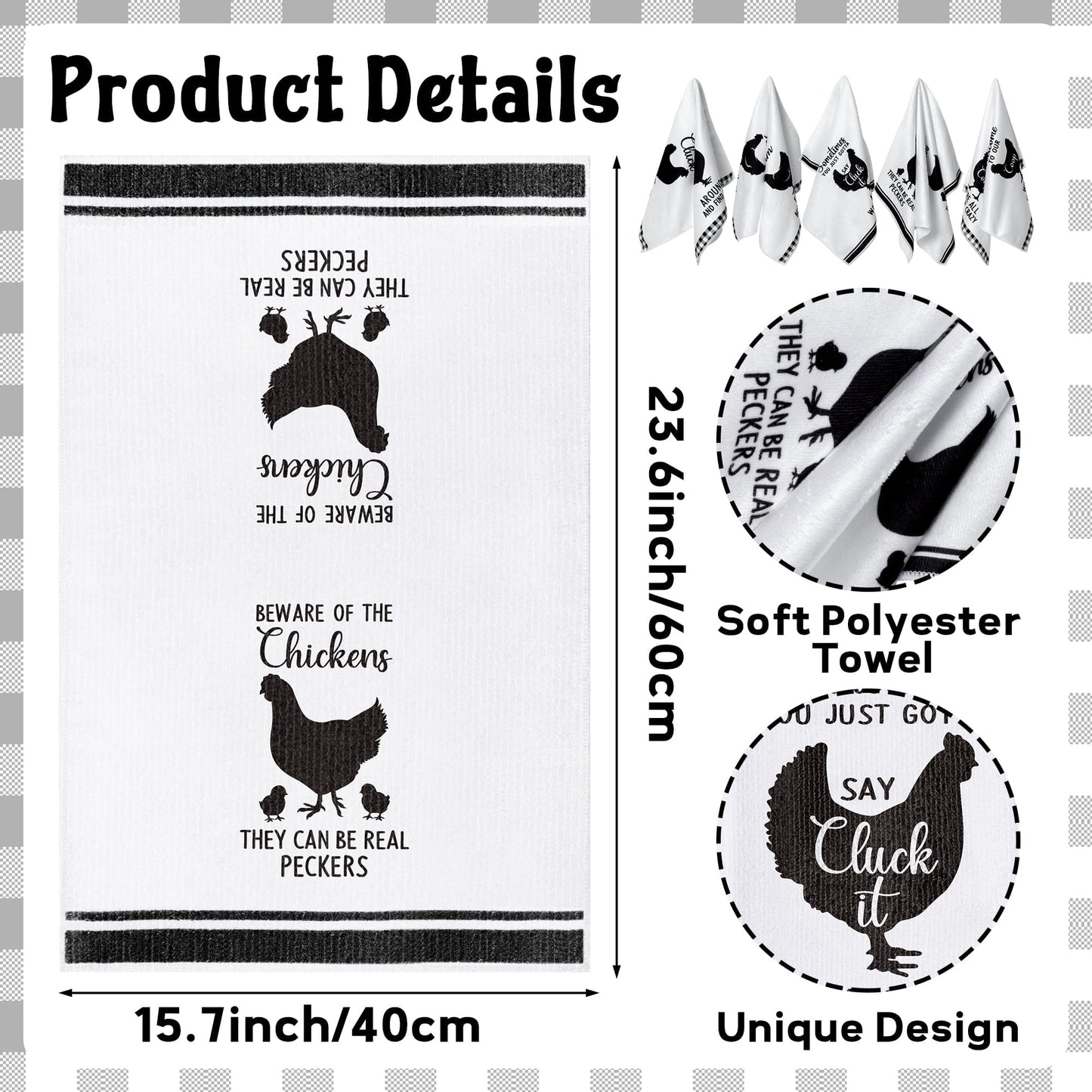 R HORSE 5Pcs Funny Chicken Kitchen Dish Towel Set Absorbent Quick Dry Cloth Dish Tea Towels Reusable Bar Hand Dishcloths Decor for Bathroom Kitchen Home Supplies