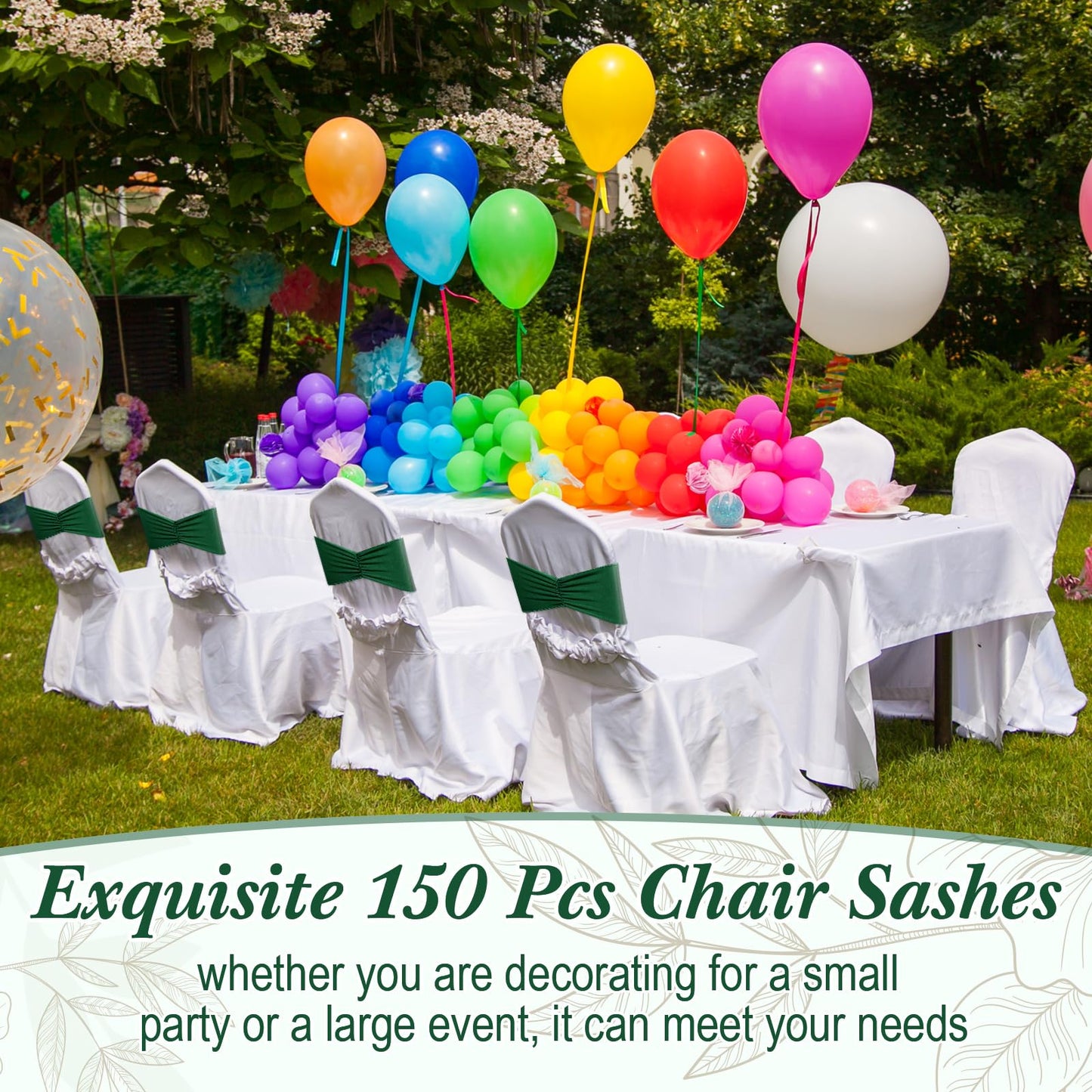 Moukeren 150 Pcs Spandex Chair Sashes Bows Bands Chair Covers Decorations Elastic Ribbon Seat Ties for Wedding Birthday Party Banquet Hotel Events Ceremony(Green)