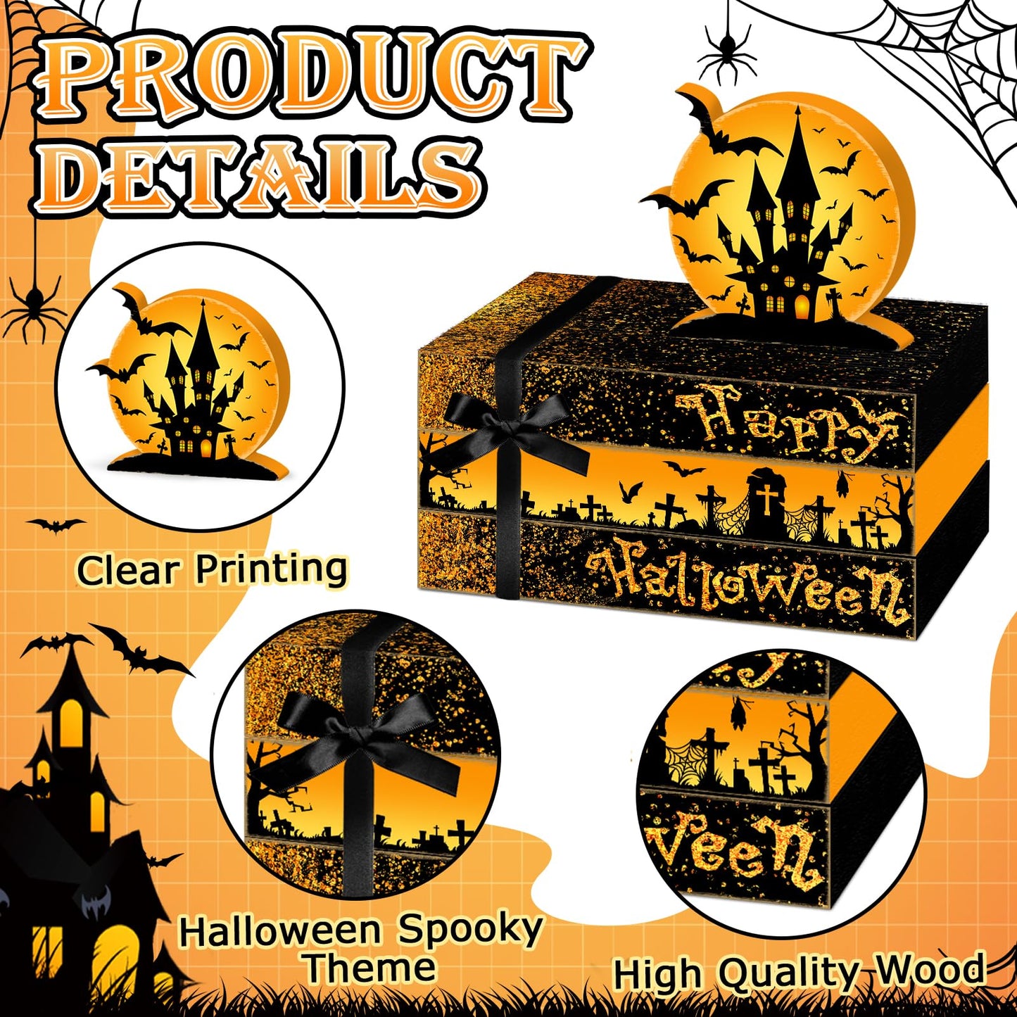 Culudea 4 Pcs Halloween Decorations for Home Castle Table Decor Halloween Bat Wooden Faux Book Stack Sign Tiered Tray Decor Spooky Centerpiece for Home Shelf Mantel Entryway Office Party