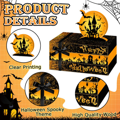 Culudea 4 Pcs Halloween Decorations for Home Castle Table Decor Halloween Bat Wooden Faux Book Stack Sign Tiered Tray Decor Spooky Centerpiece for Home Shelf Mantel Entryway Office Party