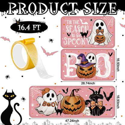 Tinideya 3 Pcs Halloween Ghost Kitchen Rugs and Mats Set Farmhouse Pumpkin Ghost Rugs Non Slip Halloween Kitchen Mat Cat Boo Floor Mats Halloween Decorations for Kitchen Bathroom Home Office (Pink)