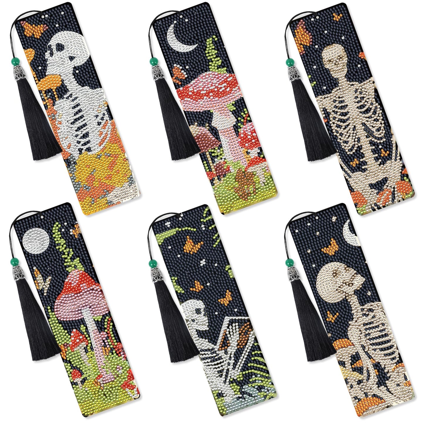Sitsink Skull Diamond Art Bookmarks - 6 Pcs Halloween Gothic Diamond Painting Bookmarks Flower Mushroom Buttrefly DIY Gem Art Rhinestone Craft Kit for Adult Women Halloween Day of The Dead