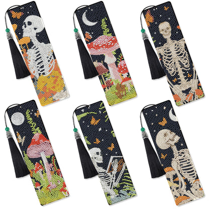 Sitsink Skull Diamond Art Bookmarks - 6 Pcs Halloween Gothic Diamond Painting Bookmarks Flower Mushroom Buttrefly DIY Gem Art Rhinestone Craft Kit for Adult Women Halloween Day of The Dead
