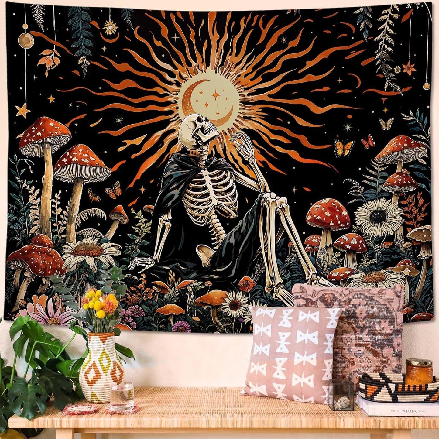 Kanuyee Fantast Meditating Skeleton Tapestry Mushroom Wall Art Tapestries Gothic Boho Room Decor Aesthetic Wall Hanging for Bedroom Dorm Living Room Fantasy Art 48x36 Inch