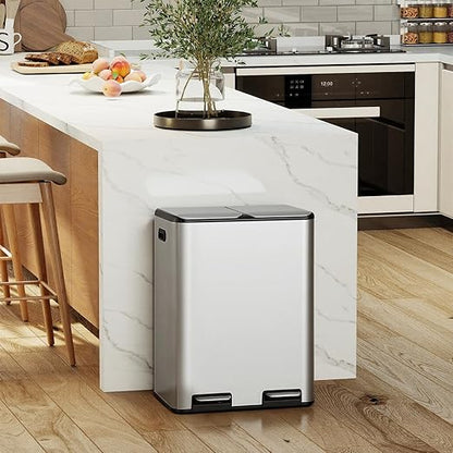 PayLessHere Trash Can, 16 Gallon (2x8G) 60 Liter Rectangular Trash Cans Stainless Steel Step Trash Can with Inner Buckets and Hinged Lids, Suitable for Kitchen Office Home Use,Silver