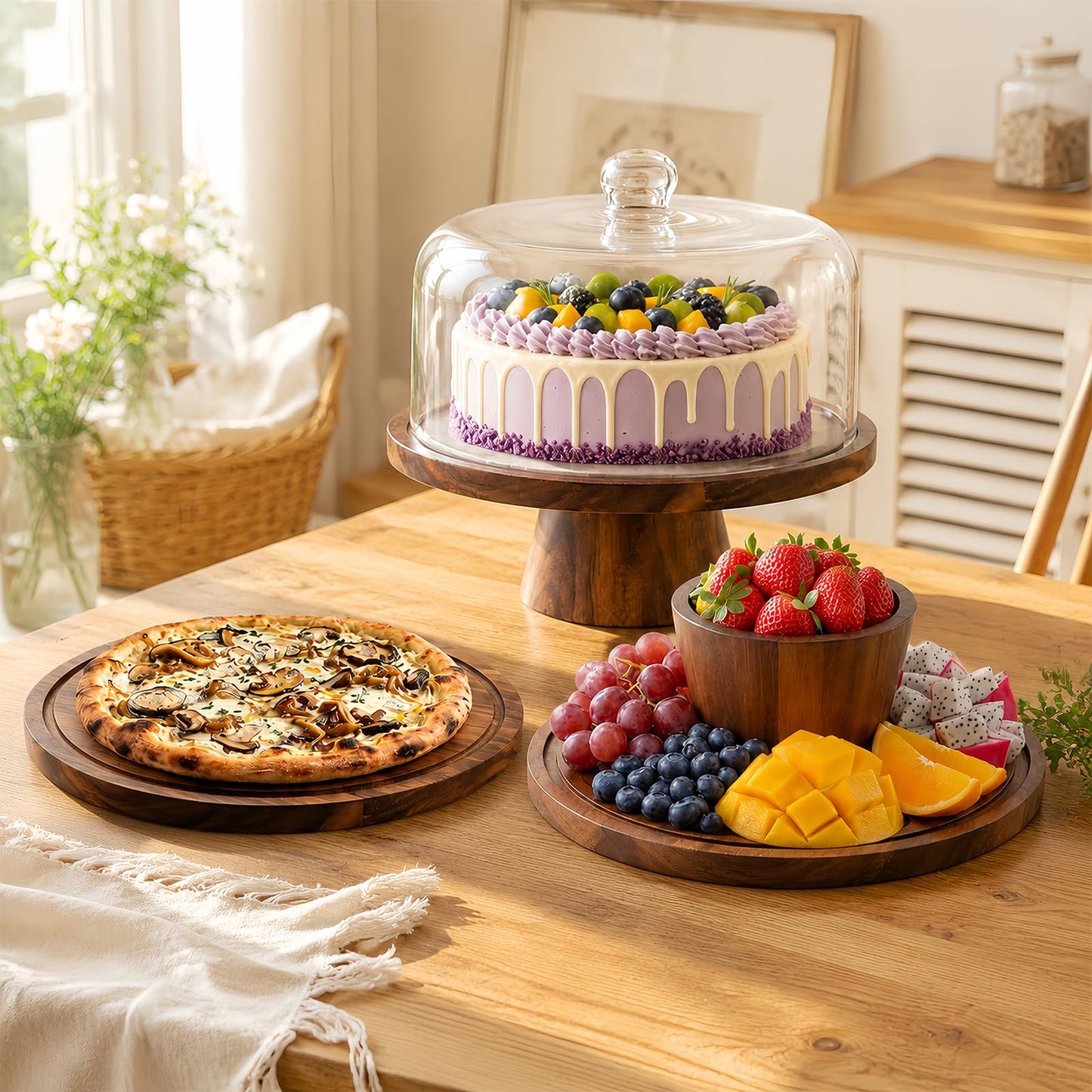 PopularLdo Acacia Wood Cake Stand with Lid - 12 Inch Magnetic Detachable Cake Stand with Dome, Shatterproof Acrylic Cover, Versatile Cake Holder & Charcuterie Board for Parties, Dessert Table Display