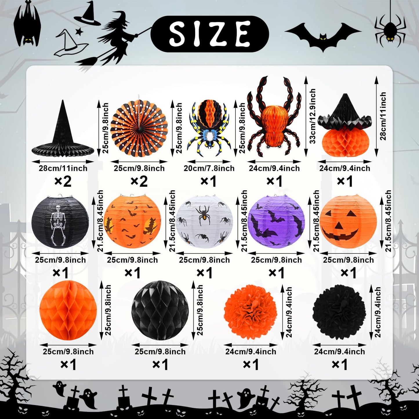 16-Pack Halloween Honeycomb Paper Lantern Ornaments – Hanging Decorations in Pumpkin, Spider, Witch Hat, and Ghost Designs for Halloween Party, Indoor Outdoor Décor, Fall Festival Supplies