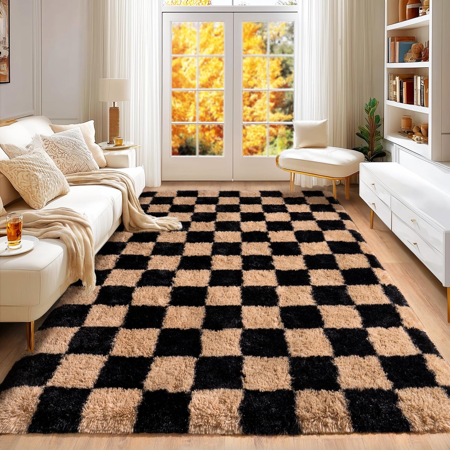 Checkered Rug 4x6 for Bedroom, Ultra Fluffy Shag Area Rugs for Living Room, Upgrade Anti-Skid High Pile Soft Rug Fuzzy Carpet for Living Room Bedroom Kids Room Nursery, Dorm Home Decor, Black & Beige