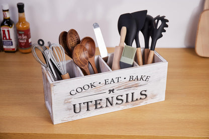 WDT Tool Utensil holder for Kitchen Counter Large Round Utensils Holder with Wooden Base Matte Black Cooking Utensil Holder，Kitchen countertop Utensil Organize (White-4 Compartments)