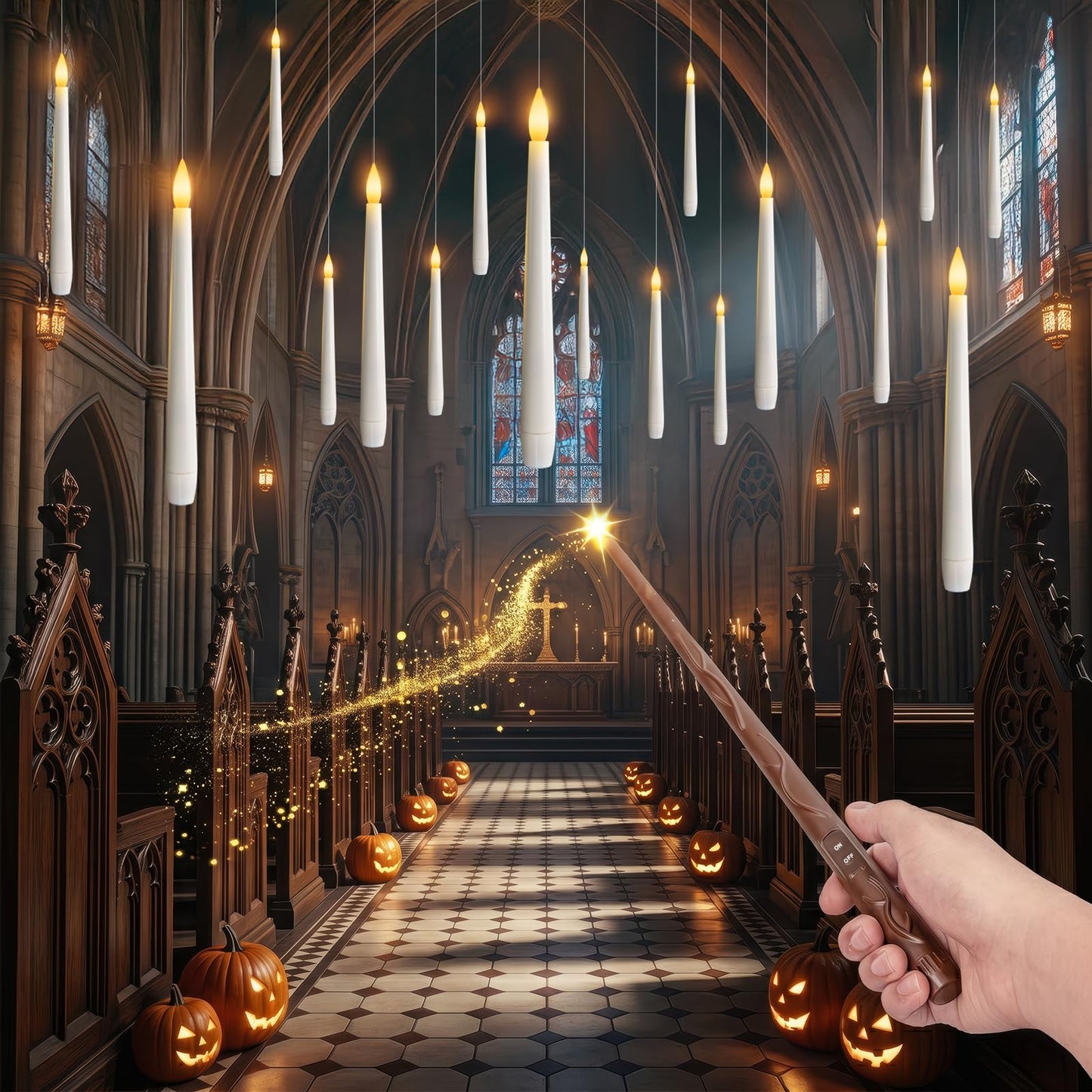 Meigic 20PCS Floating Candles with Wand Remote, Flameless Hanging Taper Candles with Flickering Warm Light, Battery Operated Magic Candles for Halloween Indoor Ceiling Decor, Hallway, Bedroom, Party