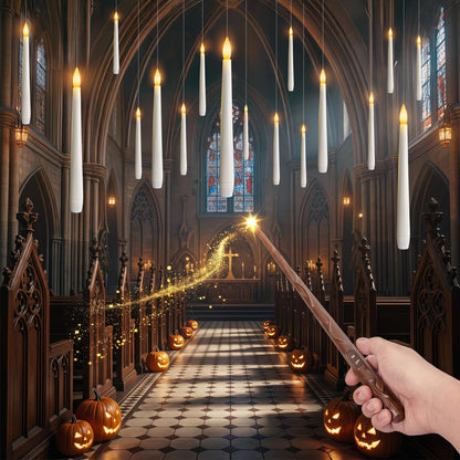 Meigic 20PCS Floating Candles with Wand Remote, Flameless Hanging Taper Candles with Flickering Warm Light, Battery Operated Magic Candles for Halloween Indoor Ceiling Decor, Hallway, Bedroom, Party