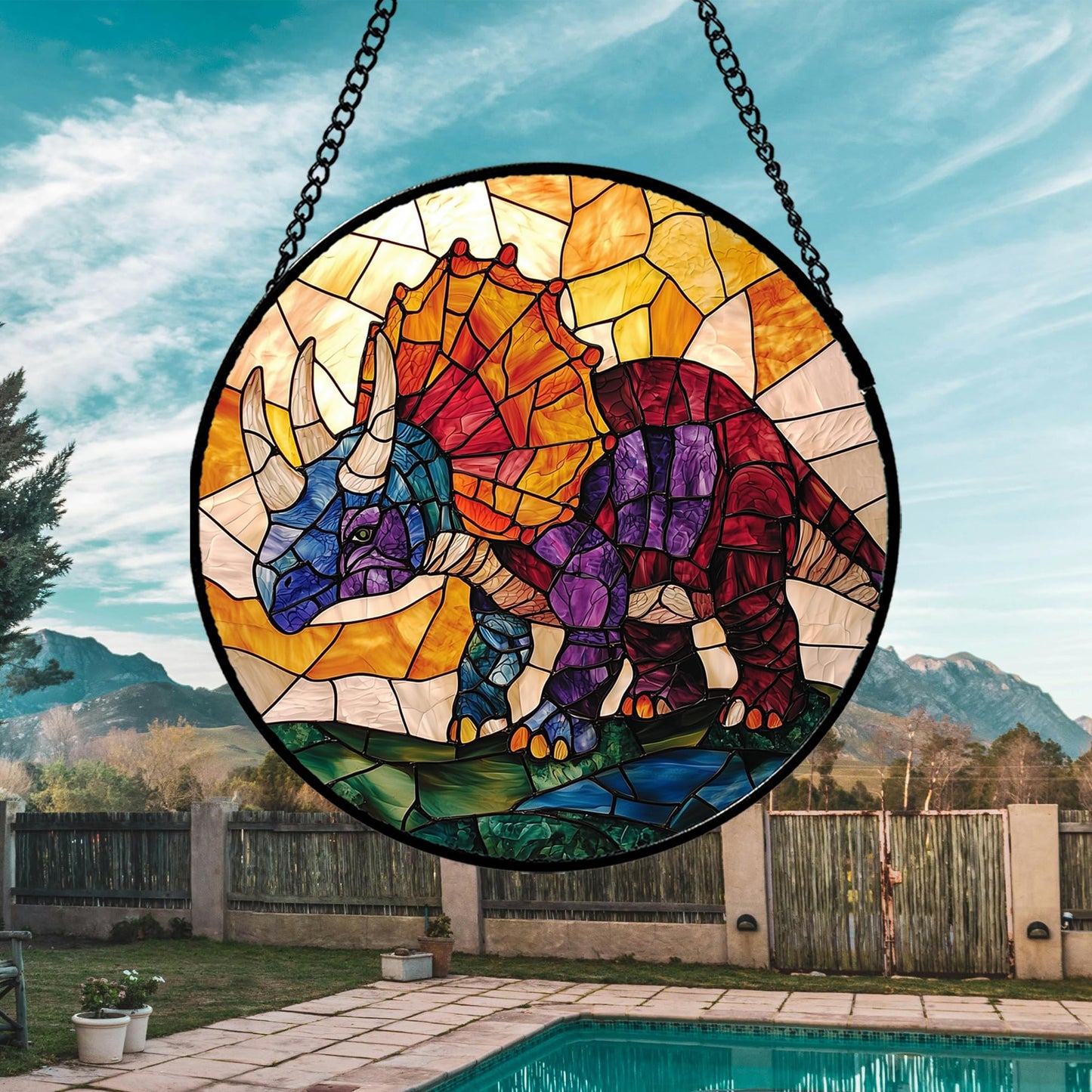 JOSUMALY Stained Glass Window Hanging - Triceratops Abstract Dinosaur Suncatcher for Door Terrace Garden Home Decor, Orange Red Sun Catcher Birthday Gifts for Lovers Women Men Dad Mom Nana 7.8 in