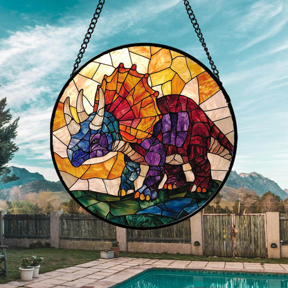 JOSUMALY Stained Glass Window Hanging - Triceratops Abstract Dinosaur Suncatcher for Door Terrace Garden Home Decor, Orange Red Sun Catcher Birthday Gifts for Lovers Women Men Dad Mom Nana 7.8 in