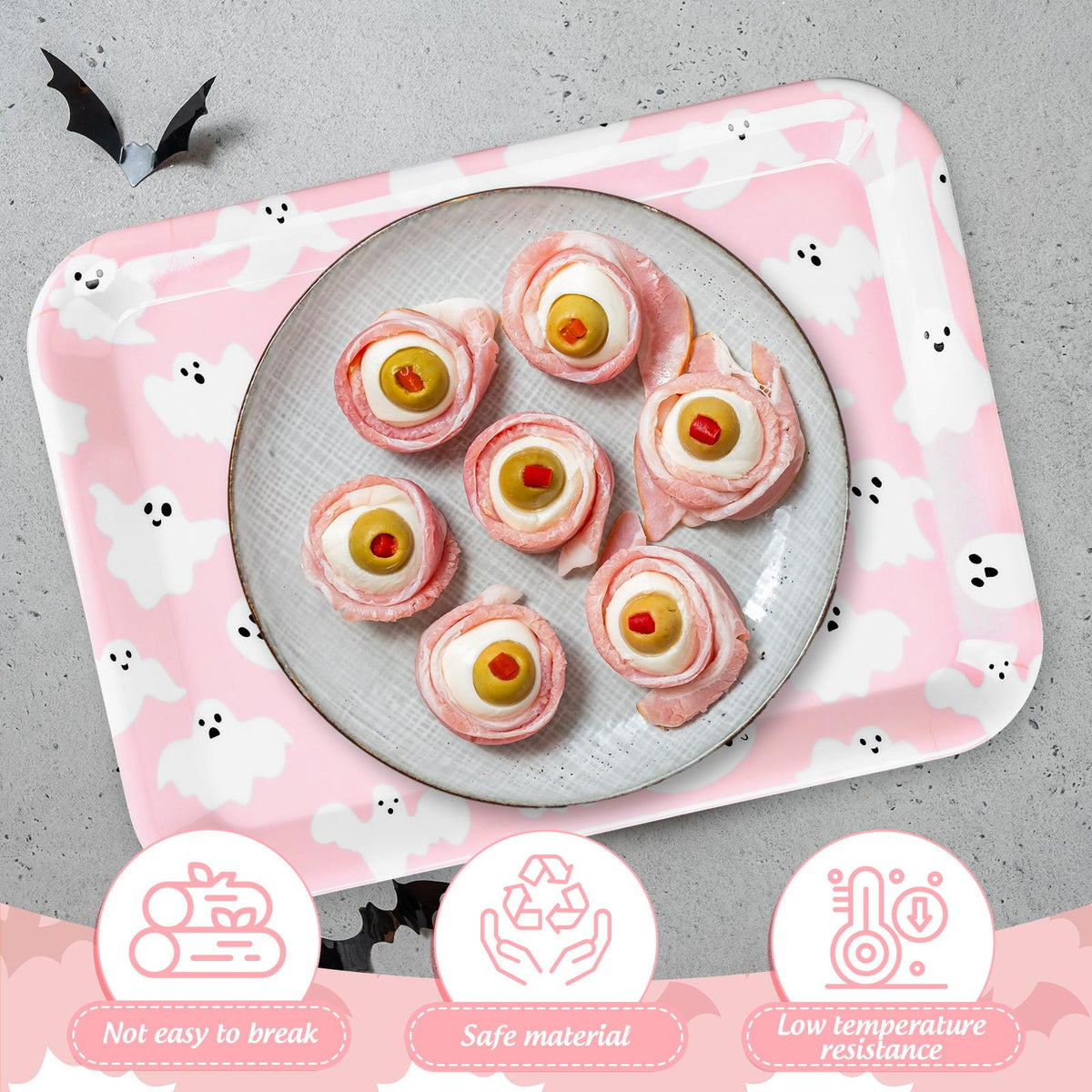 JarThenaAMCS 3Pcs Halloween Serving Trays Pink Ghost Platter Cute Ghost Reusable Serving Dishes for Birthday Baby Shower Party Sharing Snacks Fruit Dessert, 13 x 10 Inch