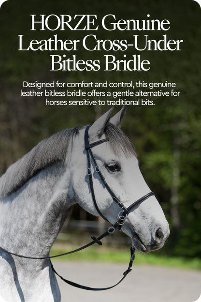 HORZE Genuine Leather Cross-Under Bitless Bridle | Web Reins Included - Black - Horse