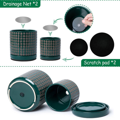 D'vine Dev Set of 2 Ceramic Planter Pots with Drainage Hole and Saucer, 4.5 Inch 6 Inch Plant Pots for Plants Indoor Houseplants, Green, 99-A-4