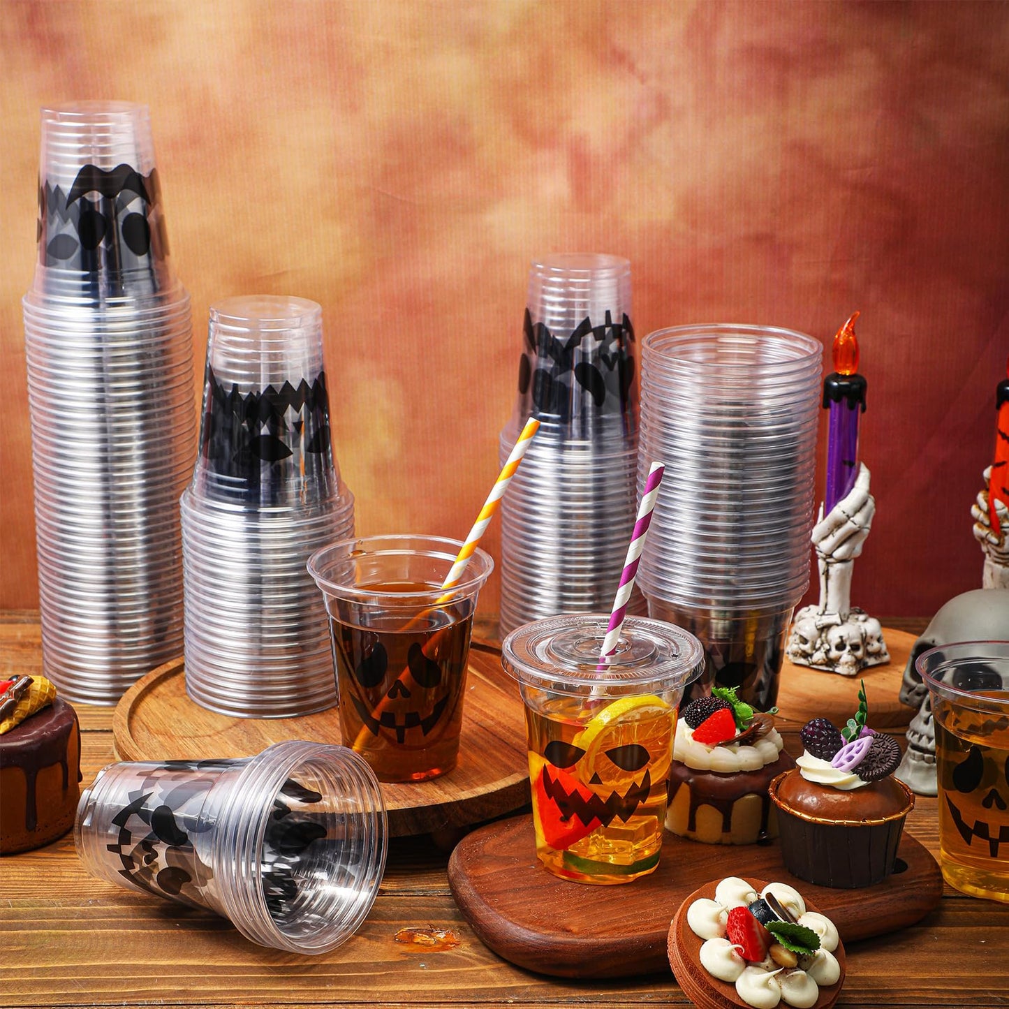 Suttmin 120 Sets Halloween Ghost Disposable Cups 12 oz Plastic Cups with Lids Disposable Drinkware with Paper Straws for Halloween Party Supplies Pirate Events Tableware Decorations Beverage Snacks