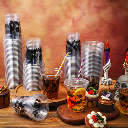 Suttmin 120 Sets Halloween Ghost Disposable Cups 12 oz Plastic Cups with Lids Disposable Drinkware with Paper Straws for Halloween Party Supplies Pirate Events Tableware Decorations Beverage Snacks