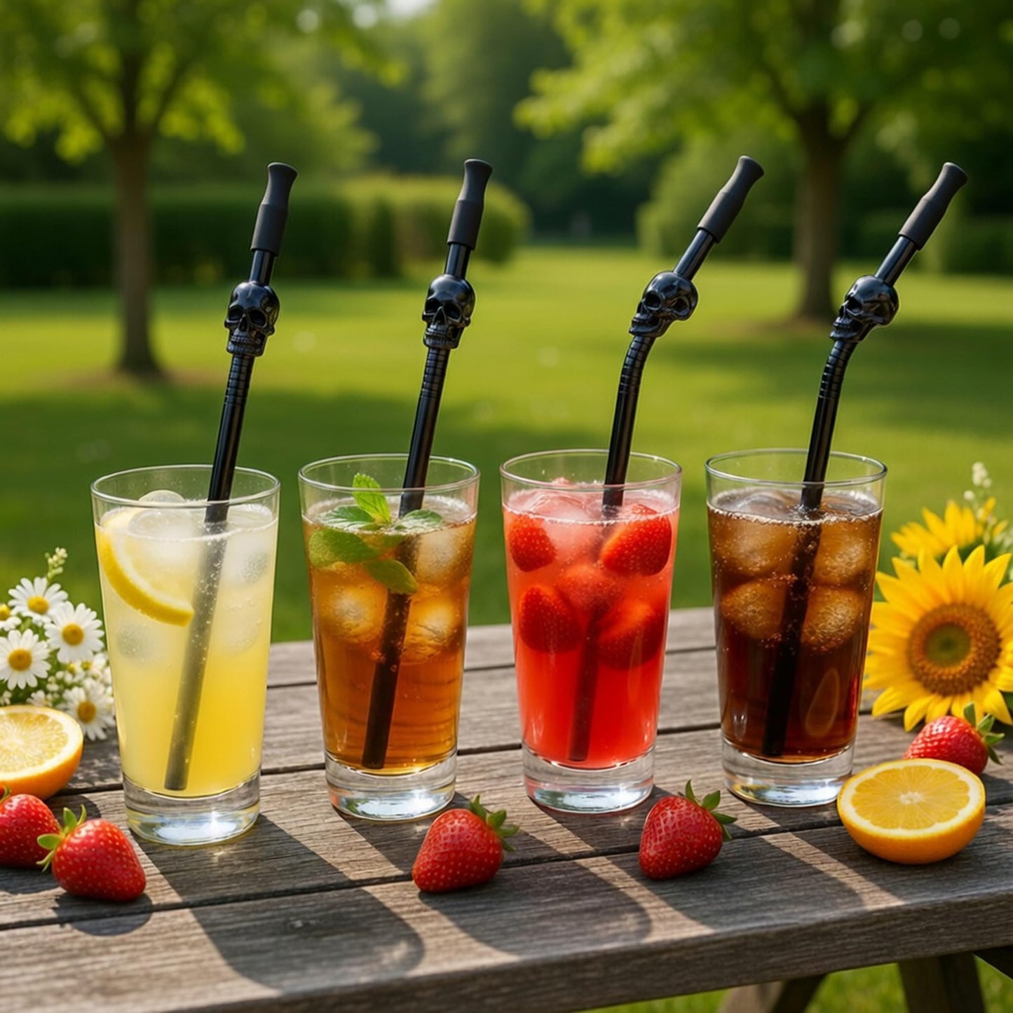 Homestia Skull Reusable Stainless Steel Straws 10.5" - 6 Pack Metal Drinking Straws with Cleaning Brush & Pouch for Tumbler, Smoothie, Cocktail (3 Straight + 3 Bent), Black Color