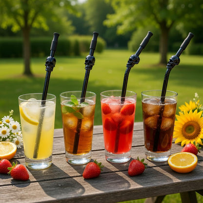 Homestia Skull Reusable Stainless Steel Straws 10.5" - 6 Pack Metal Drinking Straws with Cleaning Brush & Pouch for Tumbler, Smoothie, Cocktail (3 Straight + 3 Bent), Black Color