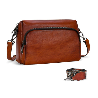 Iswee Genuine Leather Purses and Handbags for Women Crossbody Bags Small Fall Purse Travel Satchel Shoulder Handbag with Guitar Strap Pocketbooks Everyday Bag (Brown)