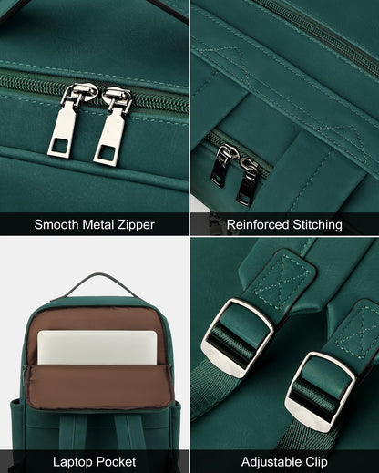 MASINTOR 15.6 inch PU Leather Laptop Backpack Purse for Women, Large College Casual Backpack Travel Bag Retro Green