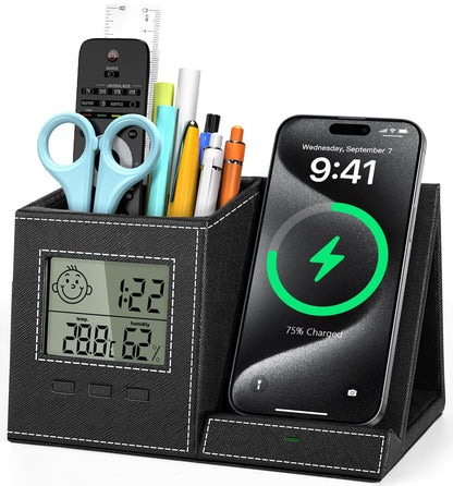 Investme Pen Holder with Wireless Charger, Built in Digital Indoor Thermometer and Humidity Monitor, Multi-Functional Desktop Organizer for Home, School, Office Supply, Midnight Black