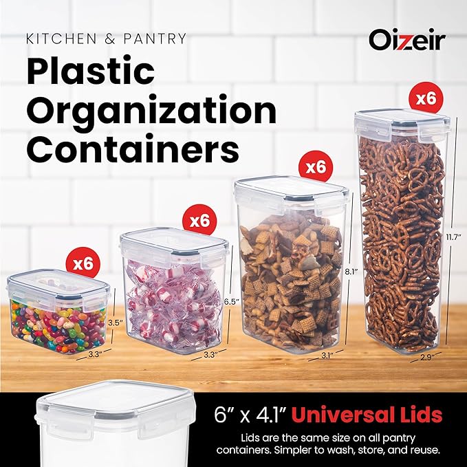 Oizeir Airtight Food Storage Containers Set - Air Tight with Lids - Pasta Flour Sugar Cereal - Storage Containers for Food (Clear-24 Pack)