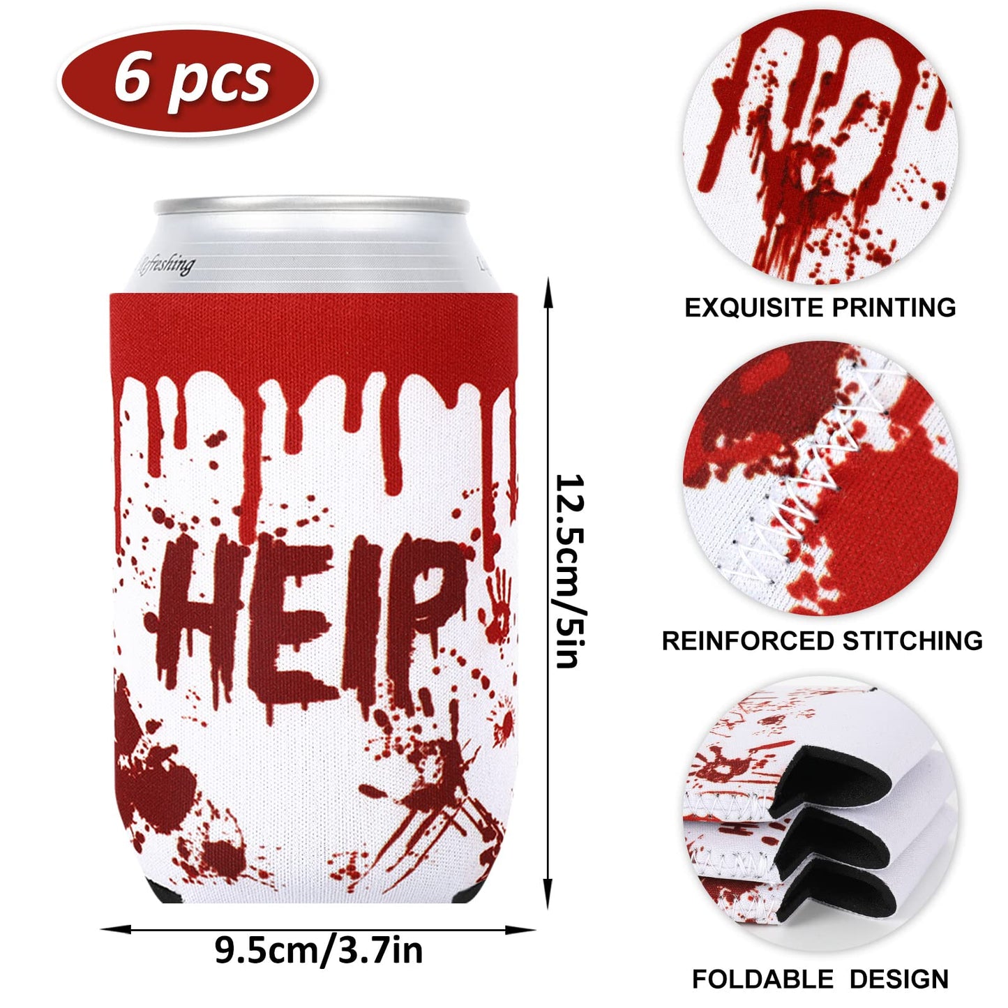 Whaline 6Pcs Halloween Can Sleeves Horror Bloody Can Cooler Covers 12 oz Halloween Neoprene Insulated Beer Caddies Reusable Thermocoolers for Beverages Cans Bottles Halloween Party Favors Decorations