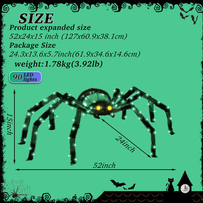 4.2Ft Giant Spider Halloween Decorations Outdoor 52" Light Up Spider with 90 LED Lights for Front Yard, Porch, Garden, Lawn, Halloween Party (Green)