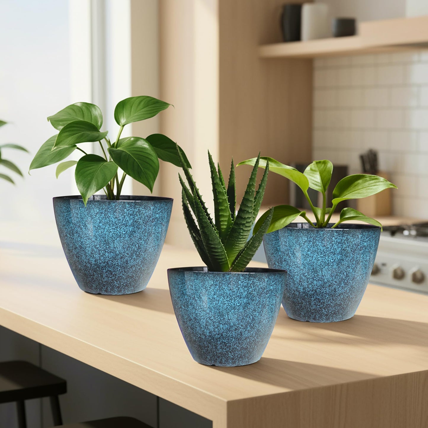 Vanslogreen 8 inch Plant Pots, Pack of 4 Plastic Planter for Indoor Outdoor Plant with Drainage Holes and Saucers, Flower Pots for Garden Home Decor (Blue, 4pcs)