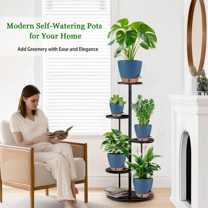 Self Watering Pots for Inoor Ourdoor Plants 8/7/6.5/6/5 Inch Plastic Planters with Drainage Holes & Water Level Indicator, Decorative House Flower Nursery Planting Pots with Saucers (Navy Blue)