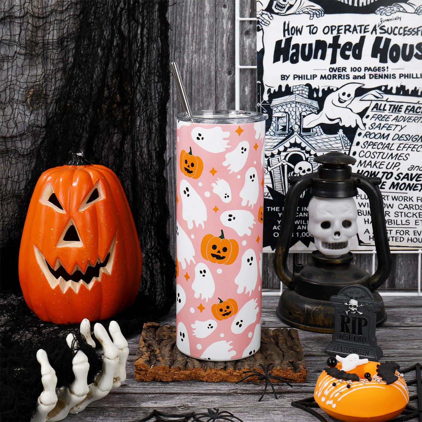 JarThenaAMCS Halloween Tumbler with Straw Lid Pink Boo Ghost Pumpkin Stainless Steel Cup for Birthday Baby Shower Trick or Treat Party Gifts, 20 Oz