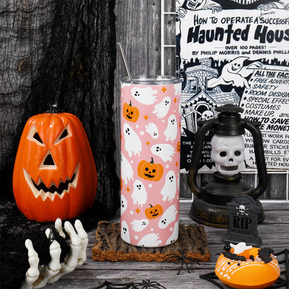 JarThenaAMCS Halloween Tumbler with Straw Lid Pink Boo Ghost Pumpkin Stainless Steel Cup for Birthday Baby Shower Trick or Treat Party Gifts, 20 Oz