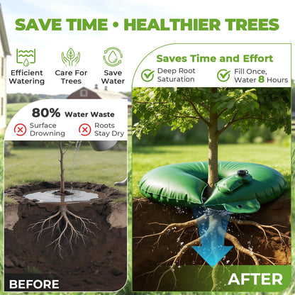HIRALIY 20 Gallon Tree Watering Bag, 4 Pack Watering Ring, Slow Release 1-5 Days, Deep Root & Automatic Drip Irrigation System, for Multi-Trunk Newly Planted Small Trees and Shrubs