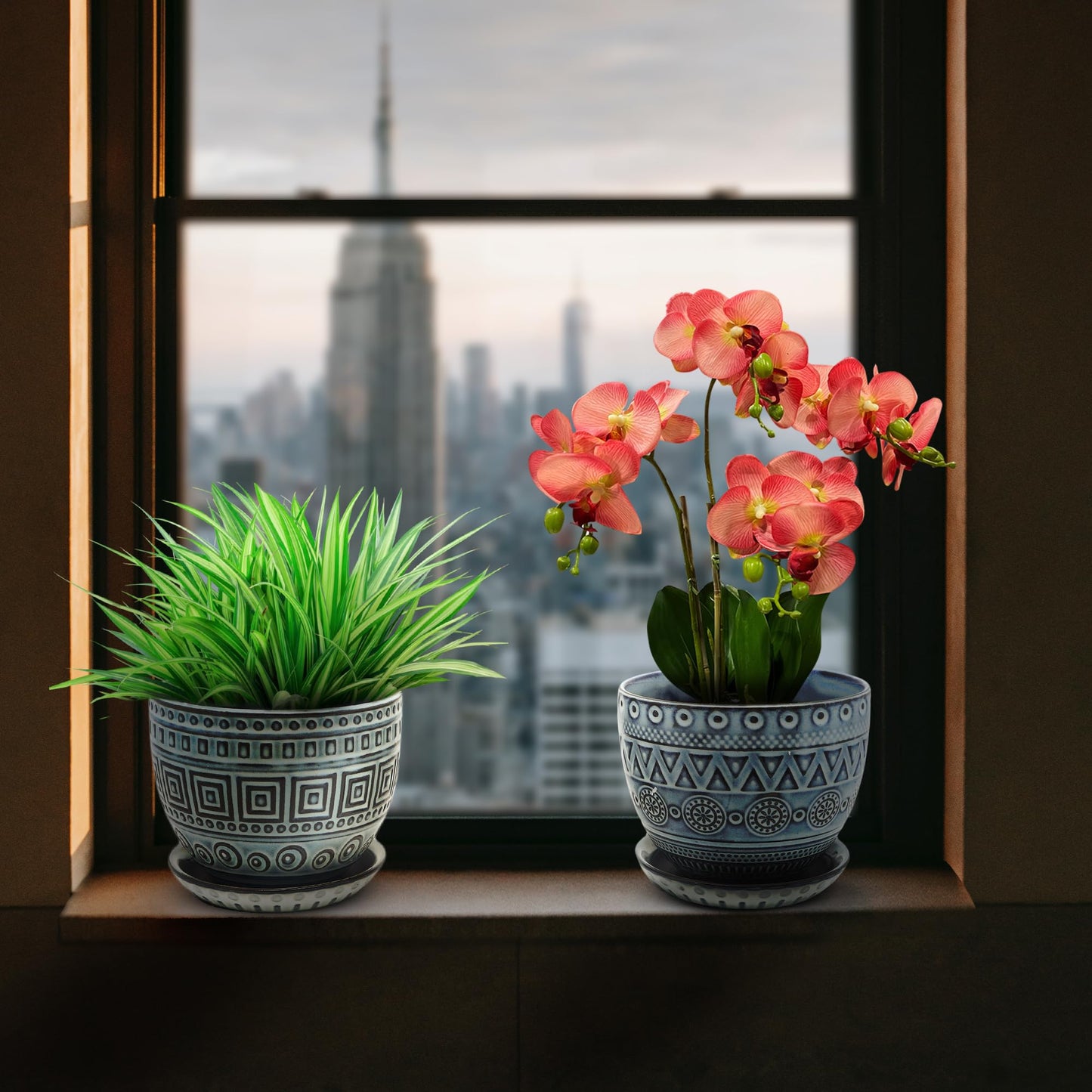 CHAMARKS Ceramic Plant Pots. Flower Pots for Plants. Planter Pots with Drainage Holes and Saucers for Indoor Plants. 5.5 inches Wide, 4.3 inches Deep. Set of 2.