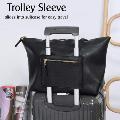 Tote Bag for Women with Zipper Vegan Leather Handbag with Trolley Sleeve Travel Weekender Carryall Bag (Black)